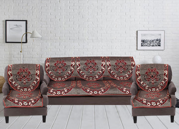 Nendle Damask Design Concept Sofa Set Covers 5 Seater with 80% Cotton & 20% Jute (Dark Maroon, Pack of 6)